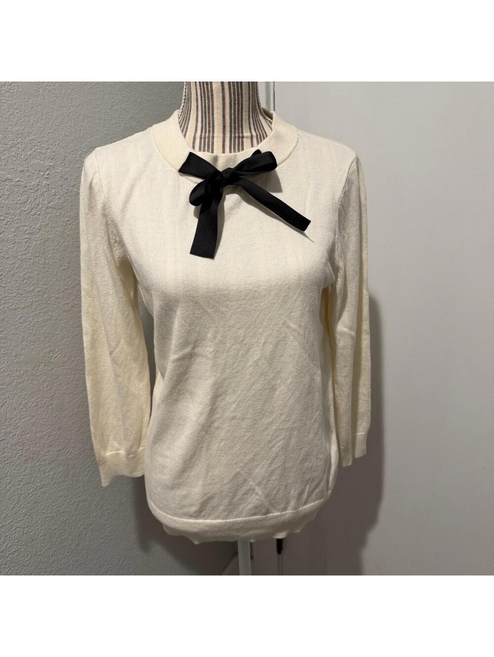 J.Crew Cream Bow Knit Sweater Cotton Merino Wool Pullover Coquette Medium M
